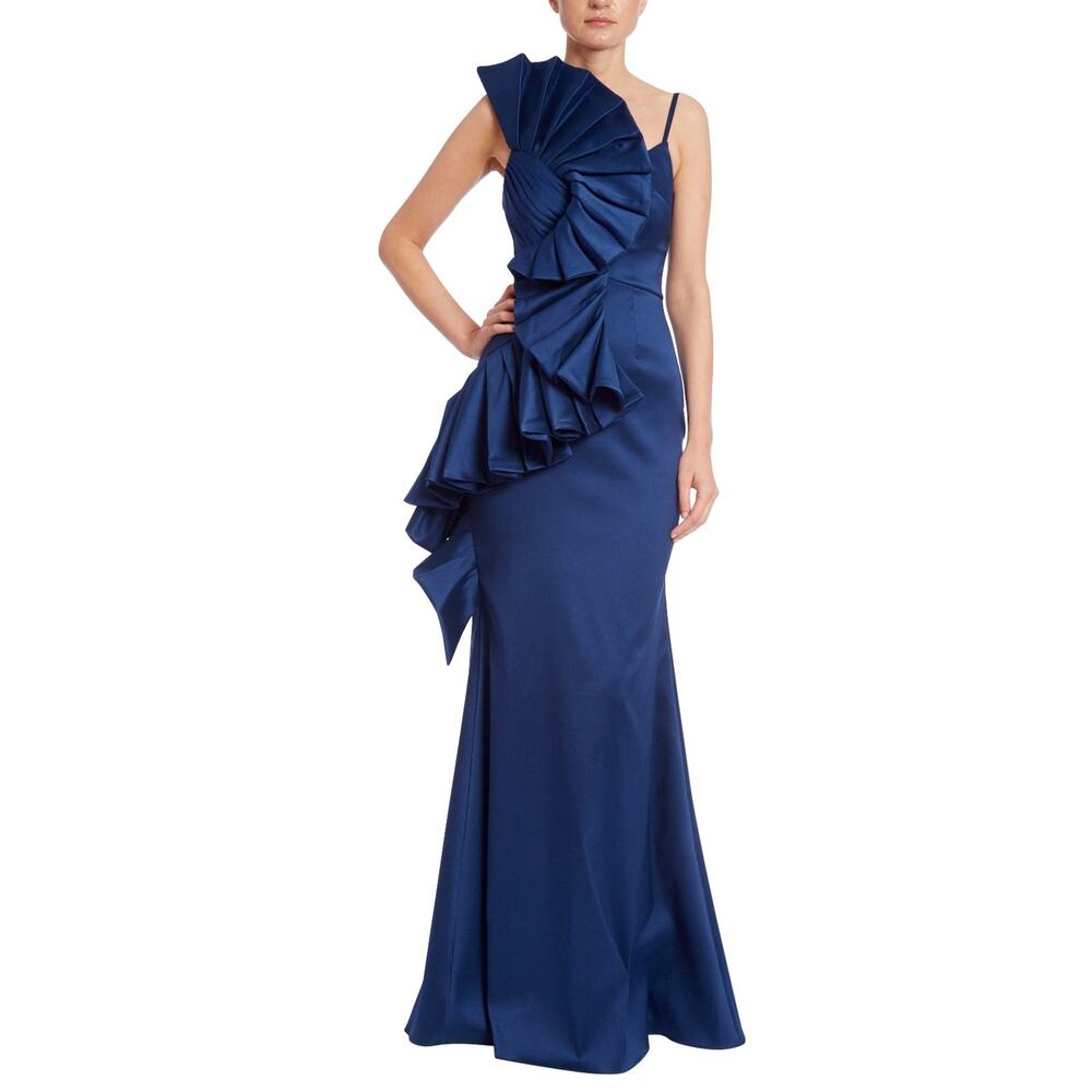 Badgley Mischka Blue Sculptural Swirl Maxi Evening Dress Ruffle Accent Size 12